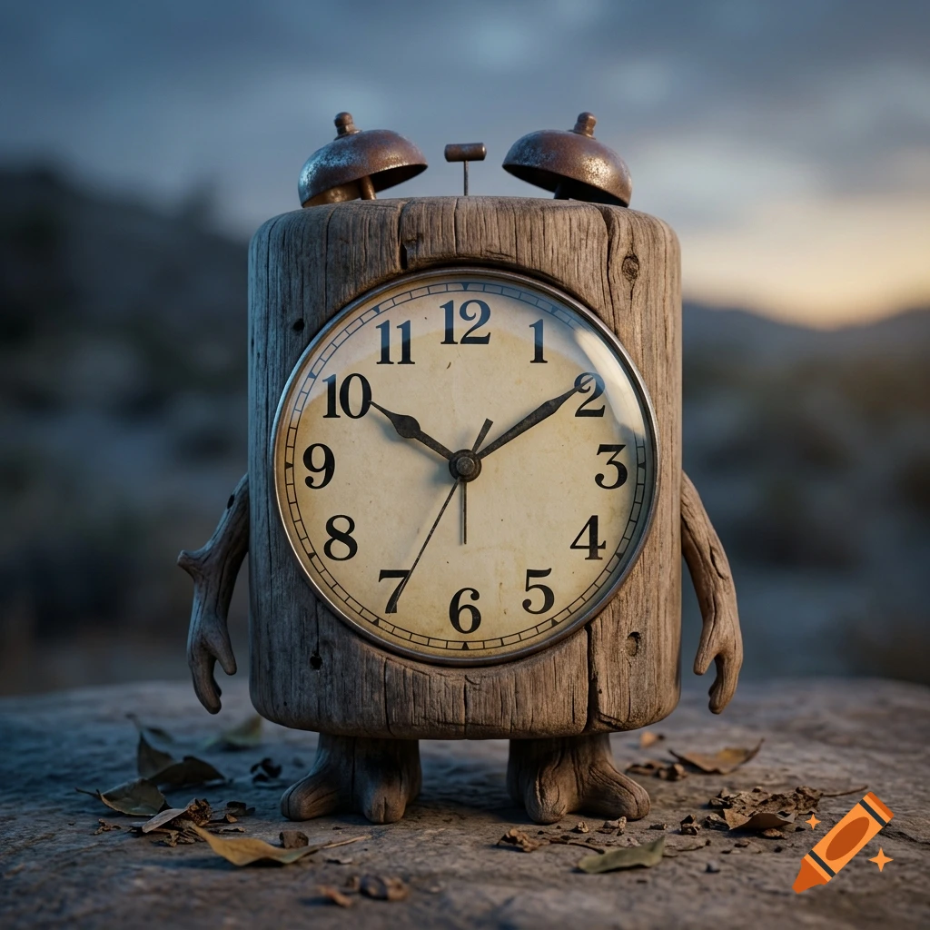 Photorealistic wooden alarm clock character with tiny arms and legs standing on a rocky surface outdoors.