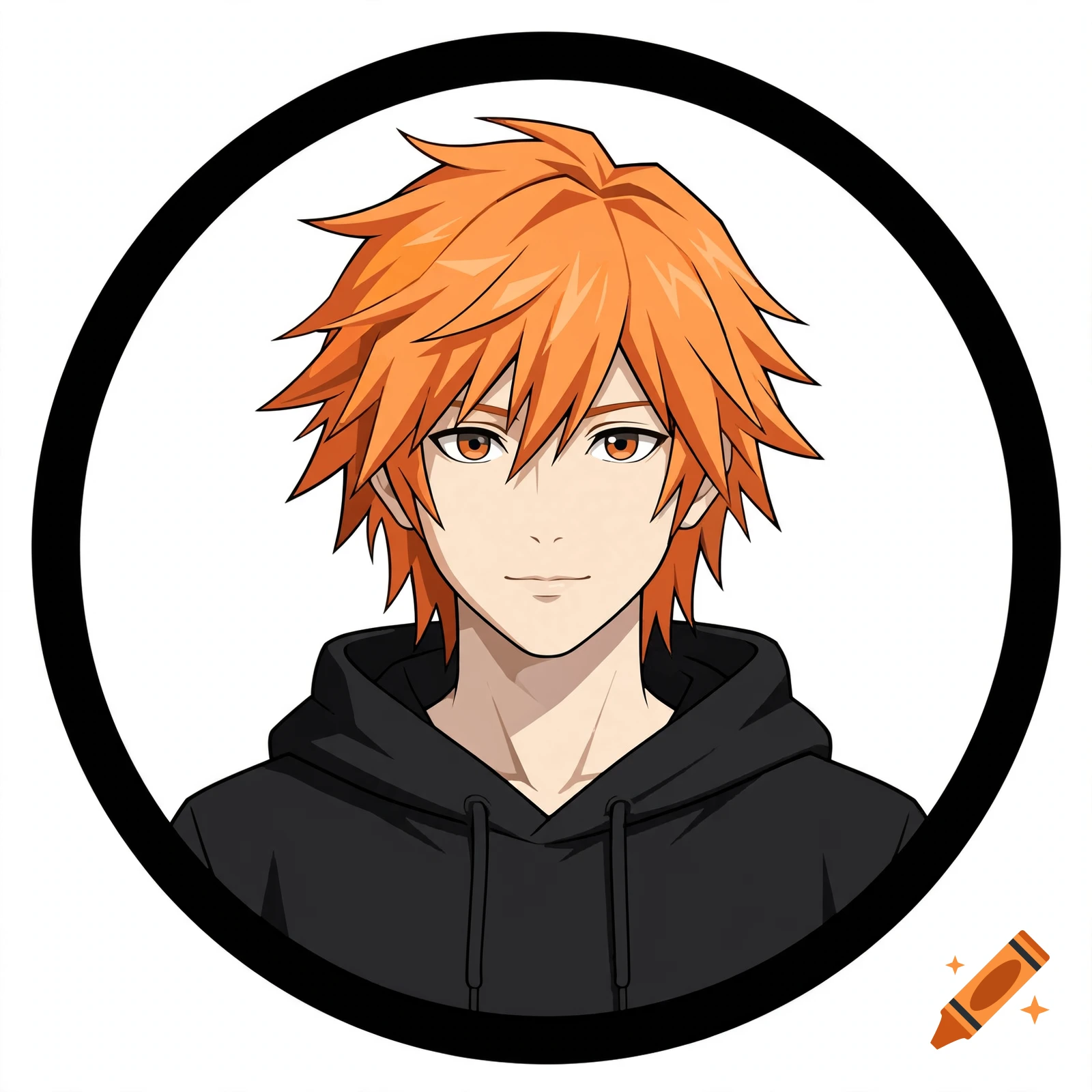 An anime-style portrait of a young man with bright orange spiky hair and orange eyes, wearing a black hooded sweatshirt, framed inside a circular border.