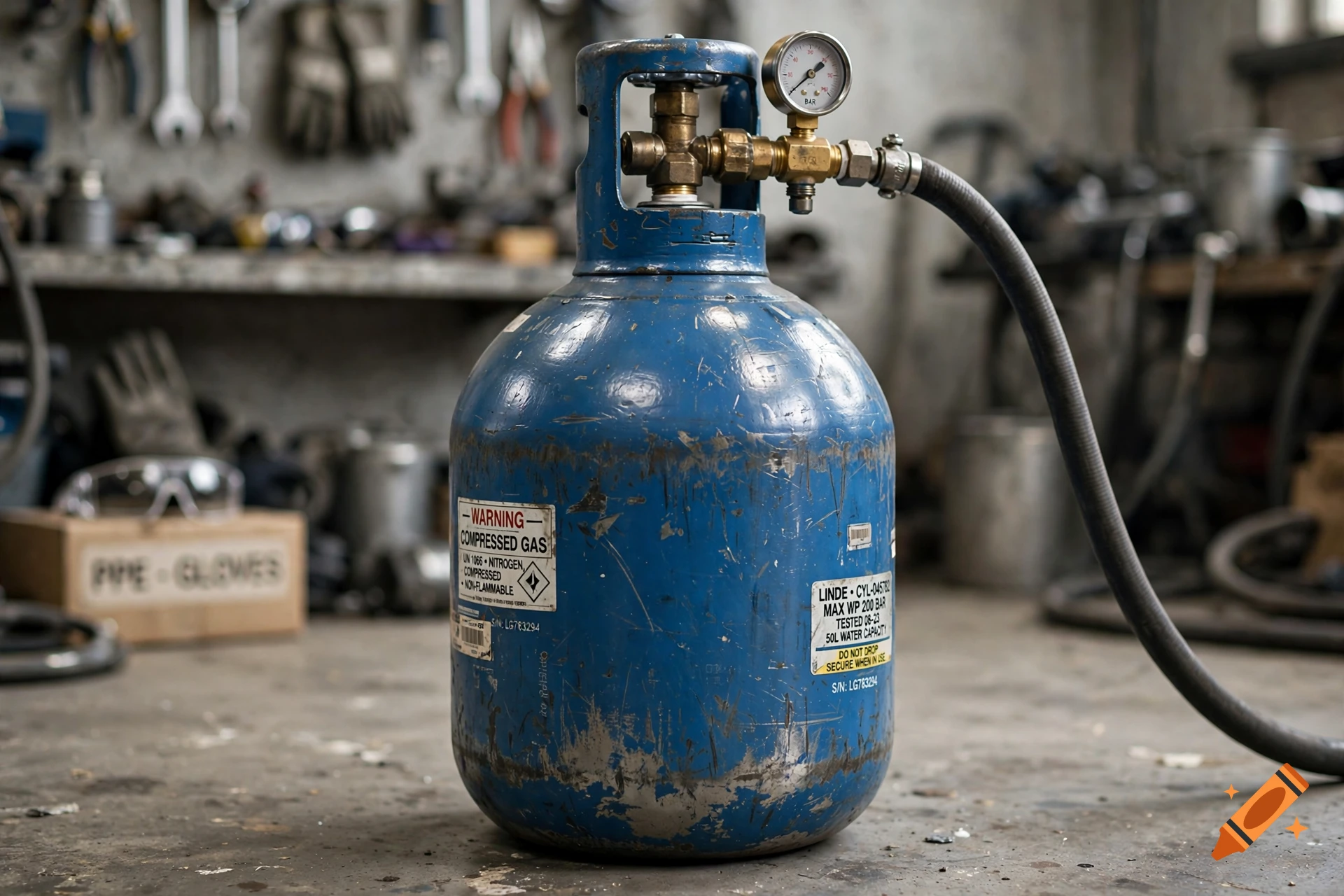 Photorealistic image of a blue compressed gas cylinder with gauges and a hose in a workshop setting.