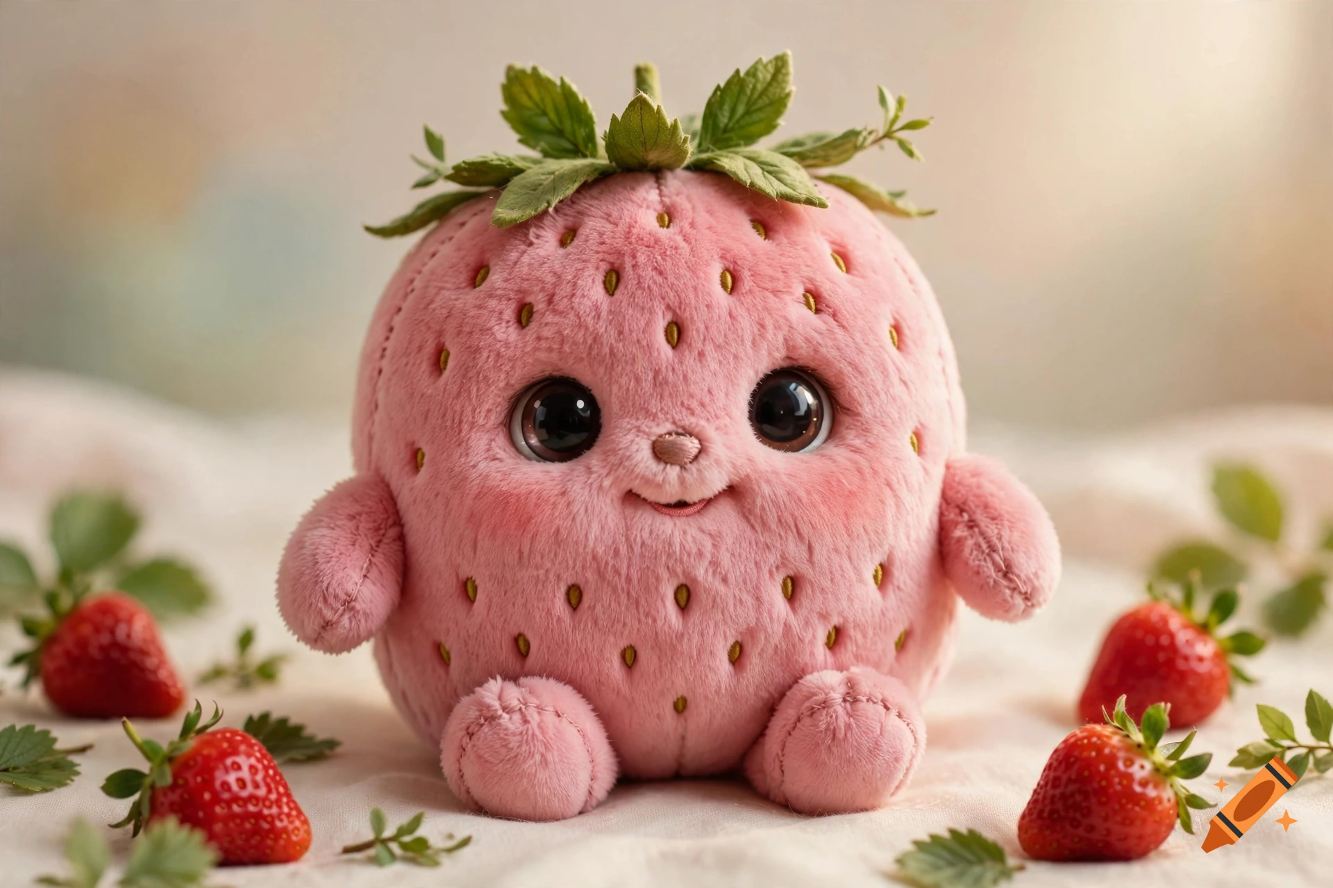 A plush pink strawberry monster with large black eyes and a leafy stem on its head, sitting among real strawberries.