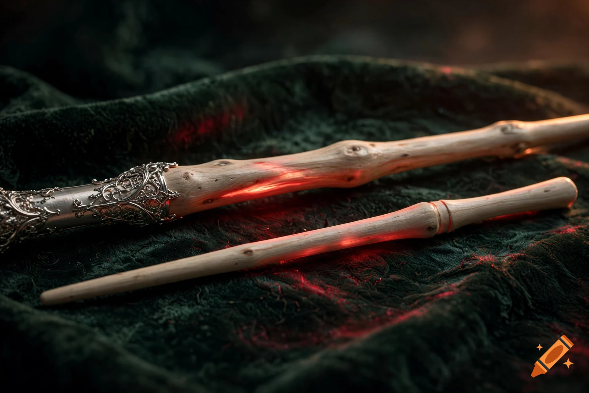 Cinematic photorealistic shot of two magical wooden wands with a red glow resting on dark green velvet.