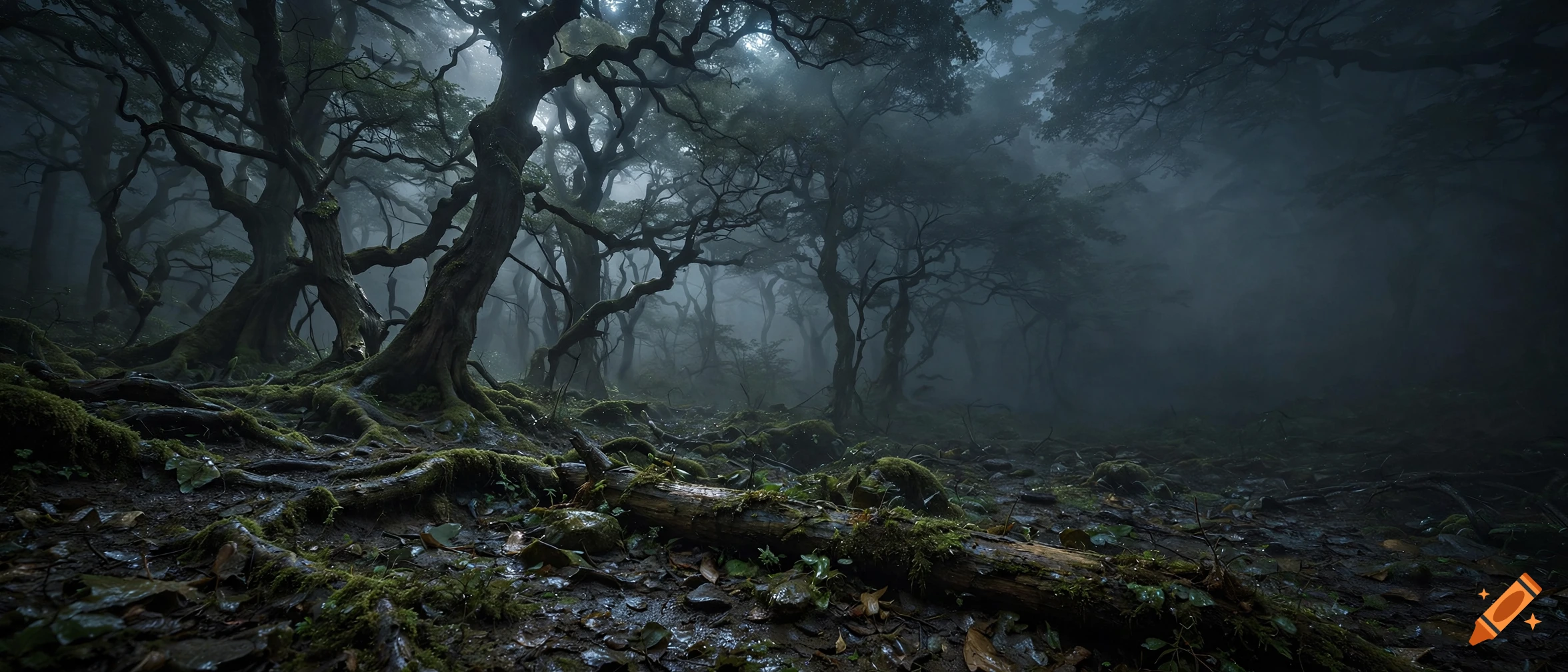 Dark mystical forest with fog, twisted mossy trees, and exposed roots, photorealistic.