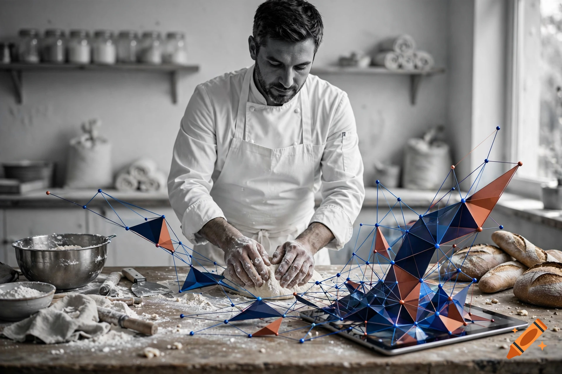 Black and white editorial photo of a French baker kneading dough in a bakery, with a 3D low-poly geometric mesh graphic overlay.