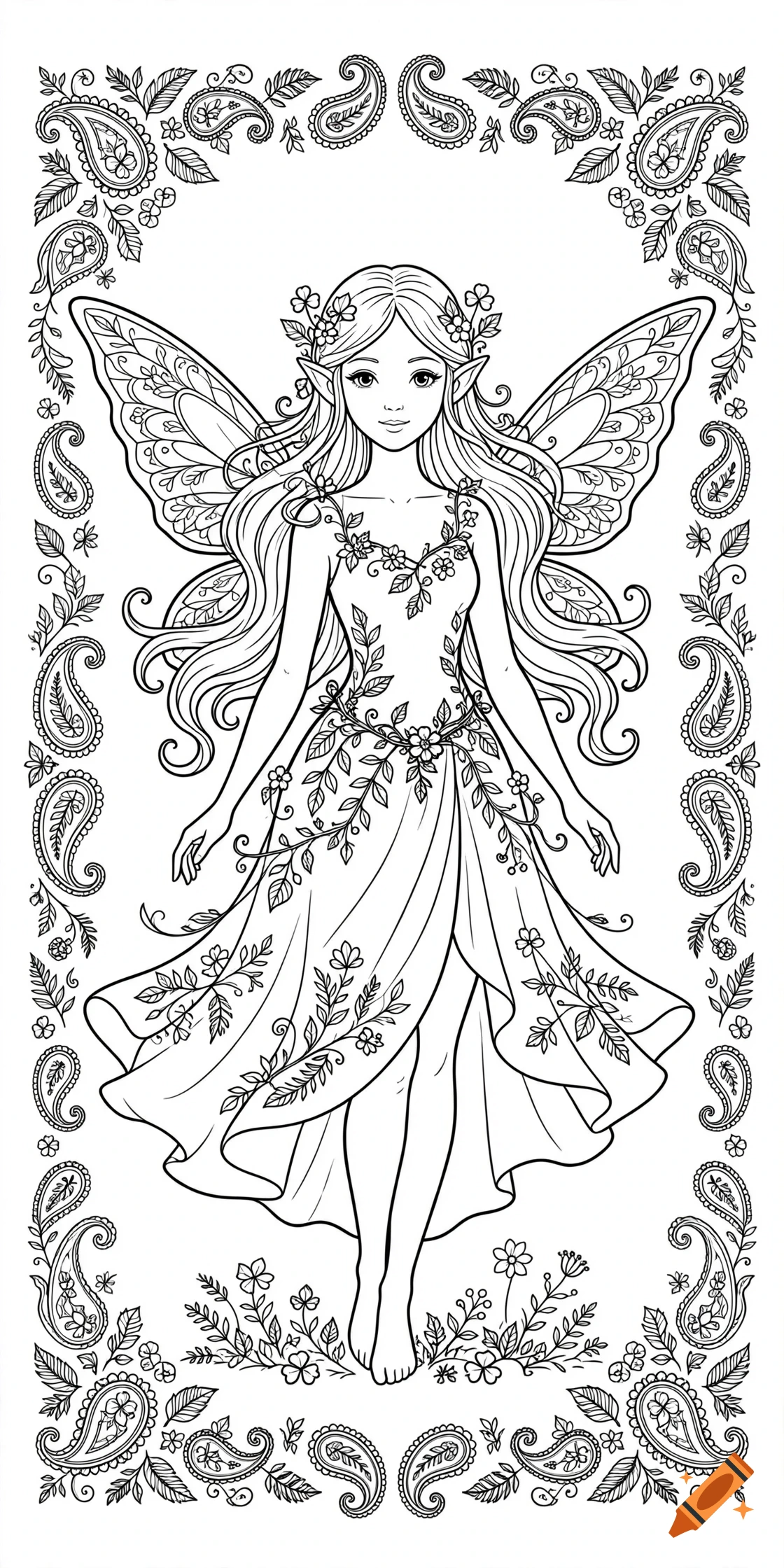 Black and white line art coloring book page featuring a female fairy with ornate wings and a dress made of leaves, surrounded by a paisley and floral border.