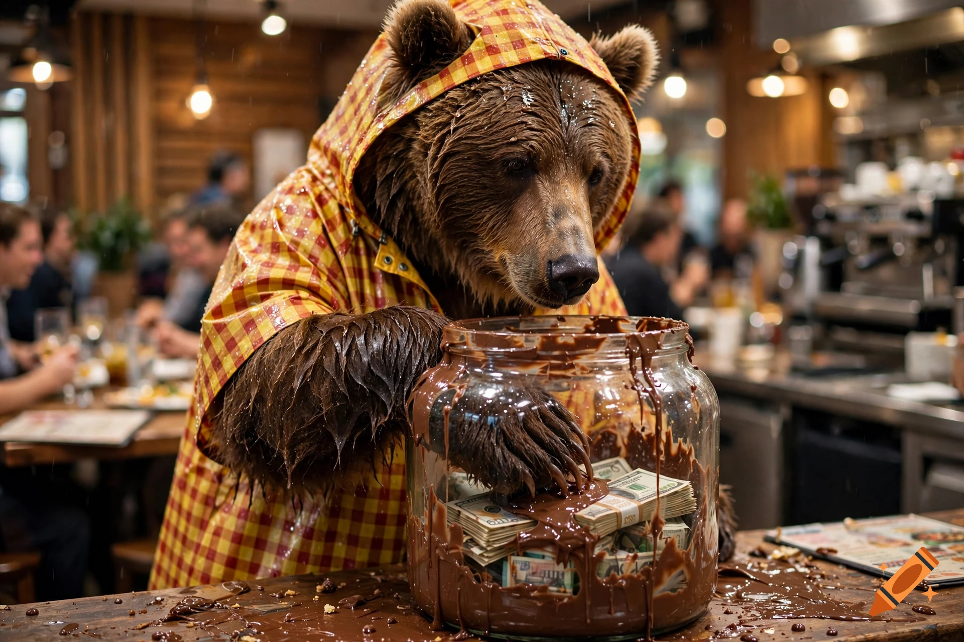 A photorealistic image of a brown bear in a raincoat at a restaurant counter, digging its paw into a jar of hazelnut spread and money.