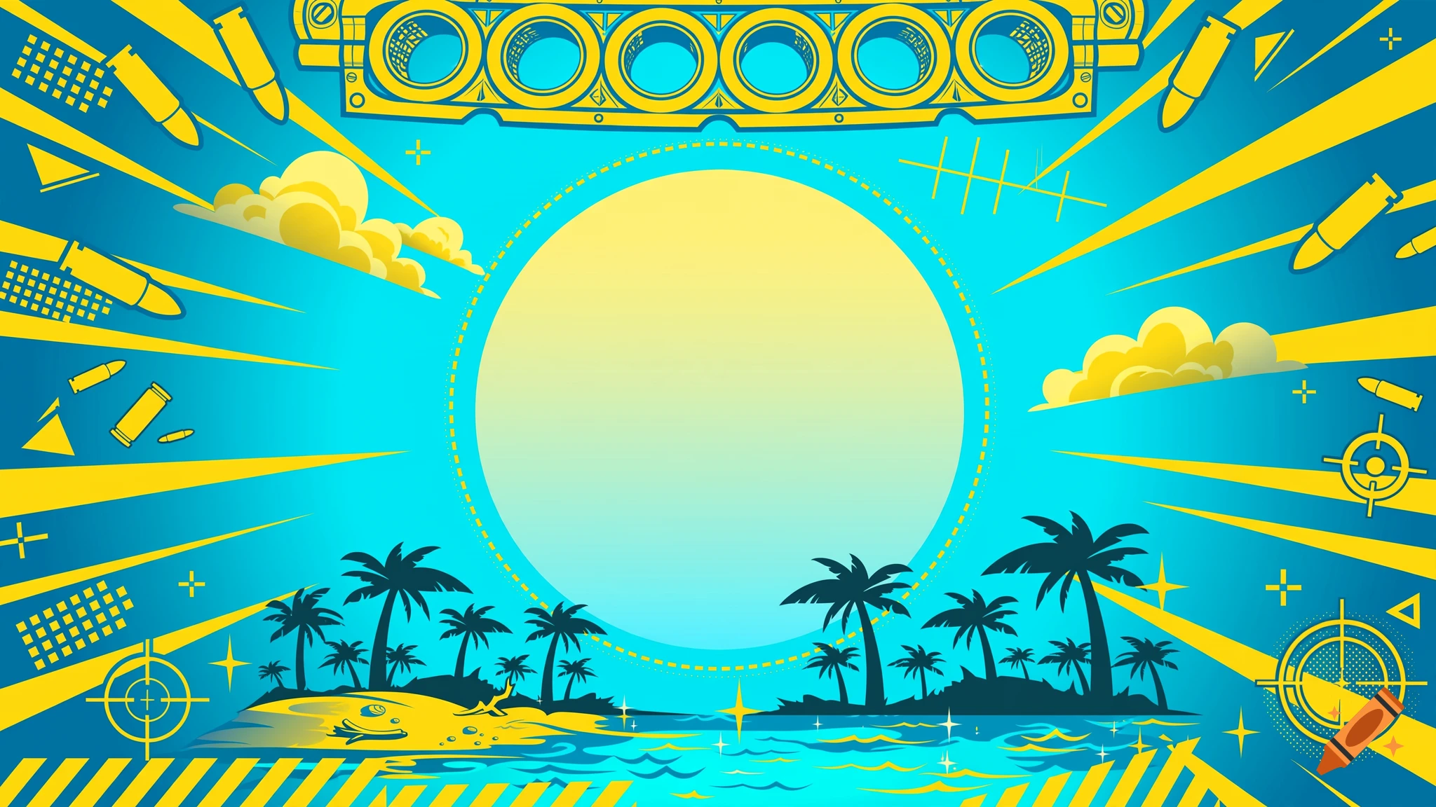 Bright blue and yellow tropical island background with palm trees, sun circle, bullet chambers, and comic book style action lines.