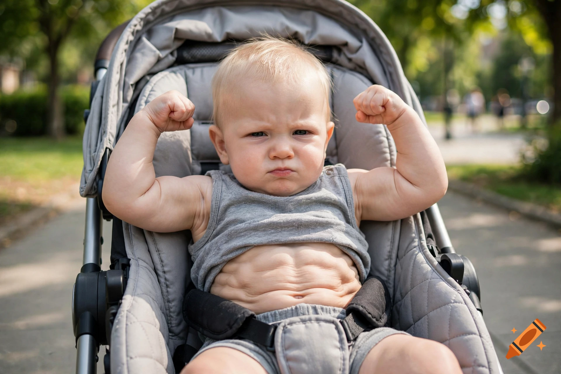 Photorealistic image of a baby with a six-pack flexing its biceps while sitting in a stroller outdoors.