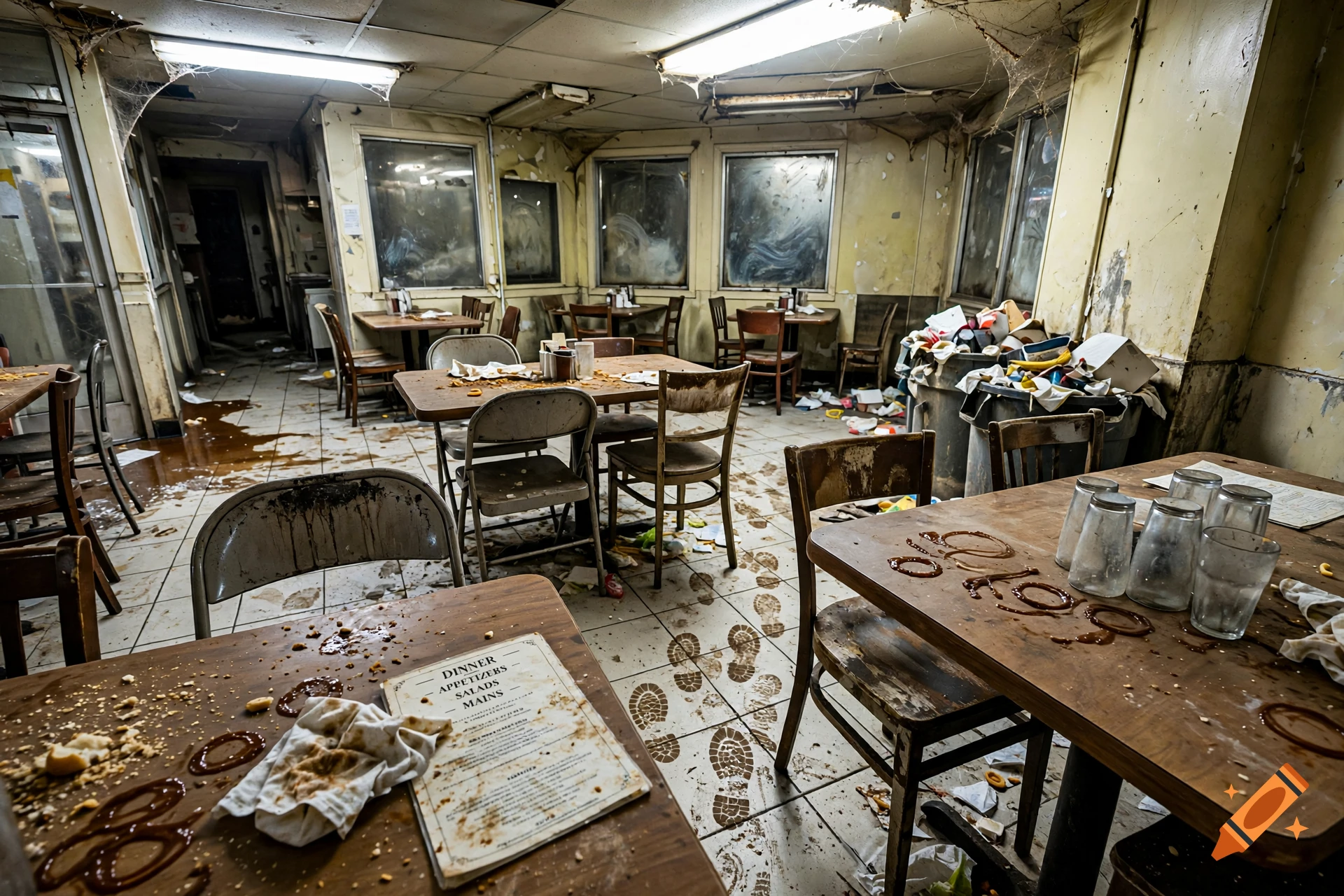 Photorealistic image of a heavily littered and dirty restaurant dining area with footprints on the floor and trash on tables.