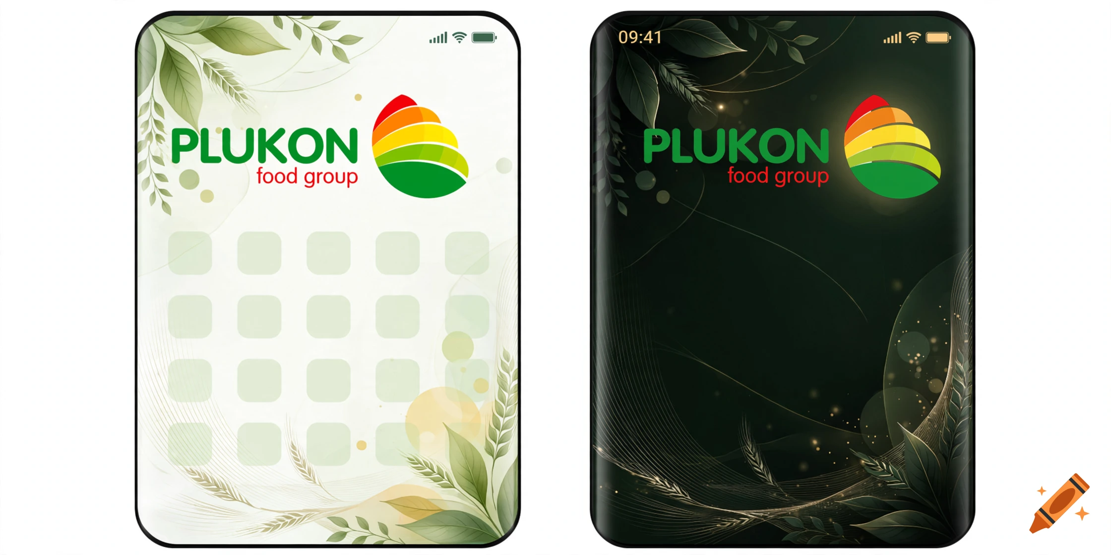 Two smartphone mockups showing a light and a dark custom wallpaper featuring the Plukon Food Group logo and green botanical elements.