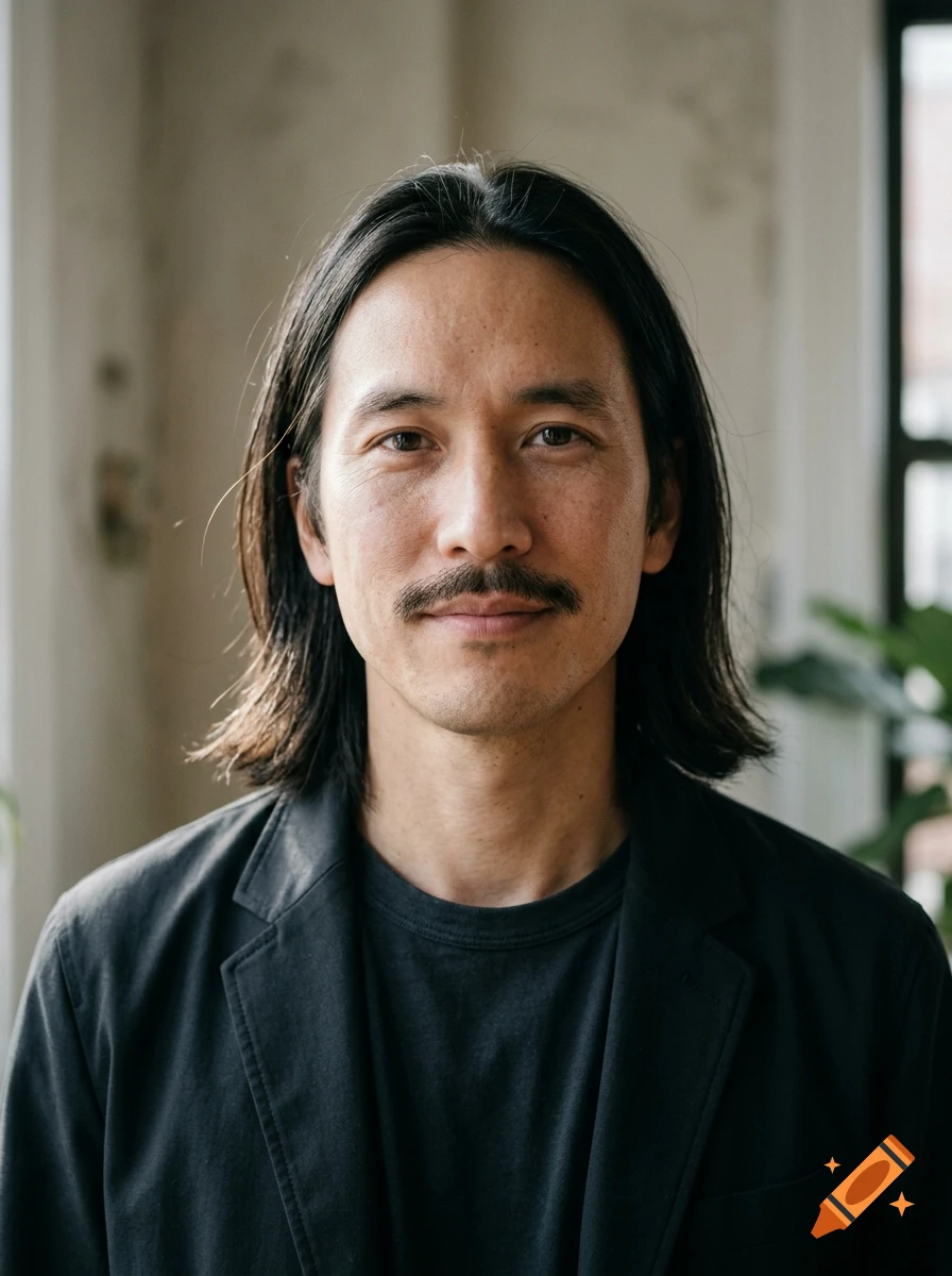 Photorealistic portrait of a man with long dark hair and a mustache wearing a black jacket.