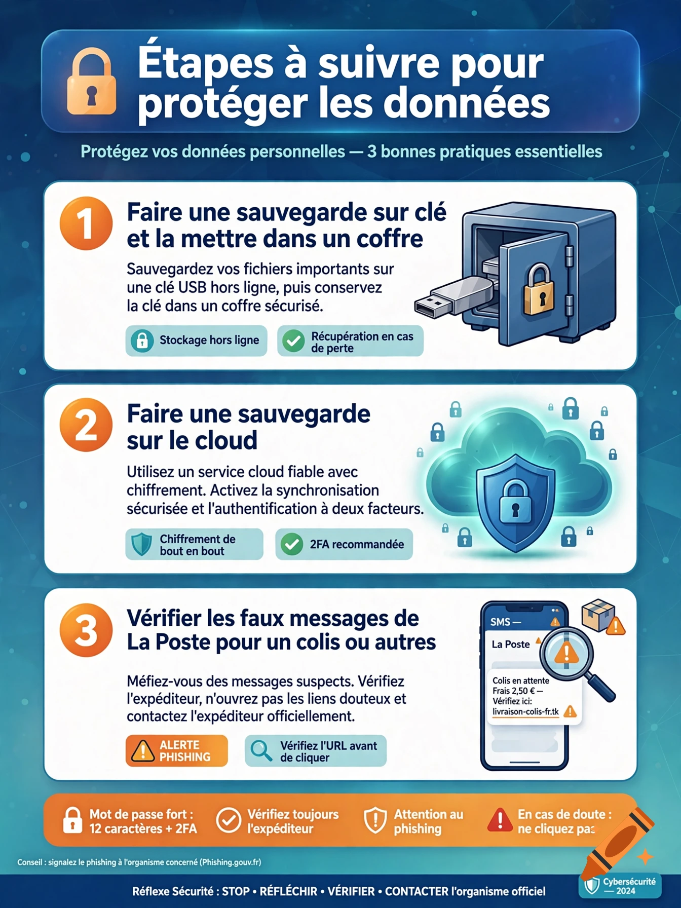 An informative poster in French outlining three cybersecurity steps with icons and illustrations.
