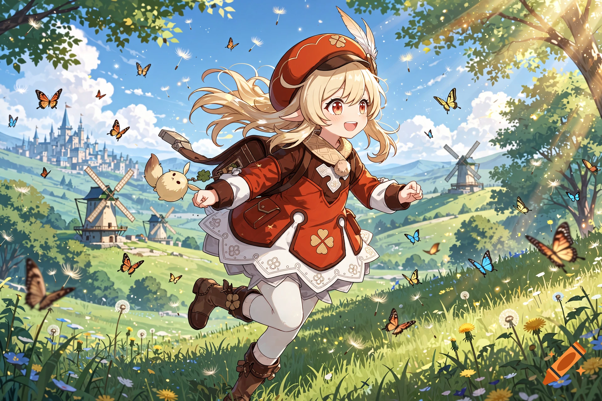 Anime style illustration of a cheerful blonde girl with a red hat and backpack running through a sunny grassy field with butterflies.