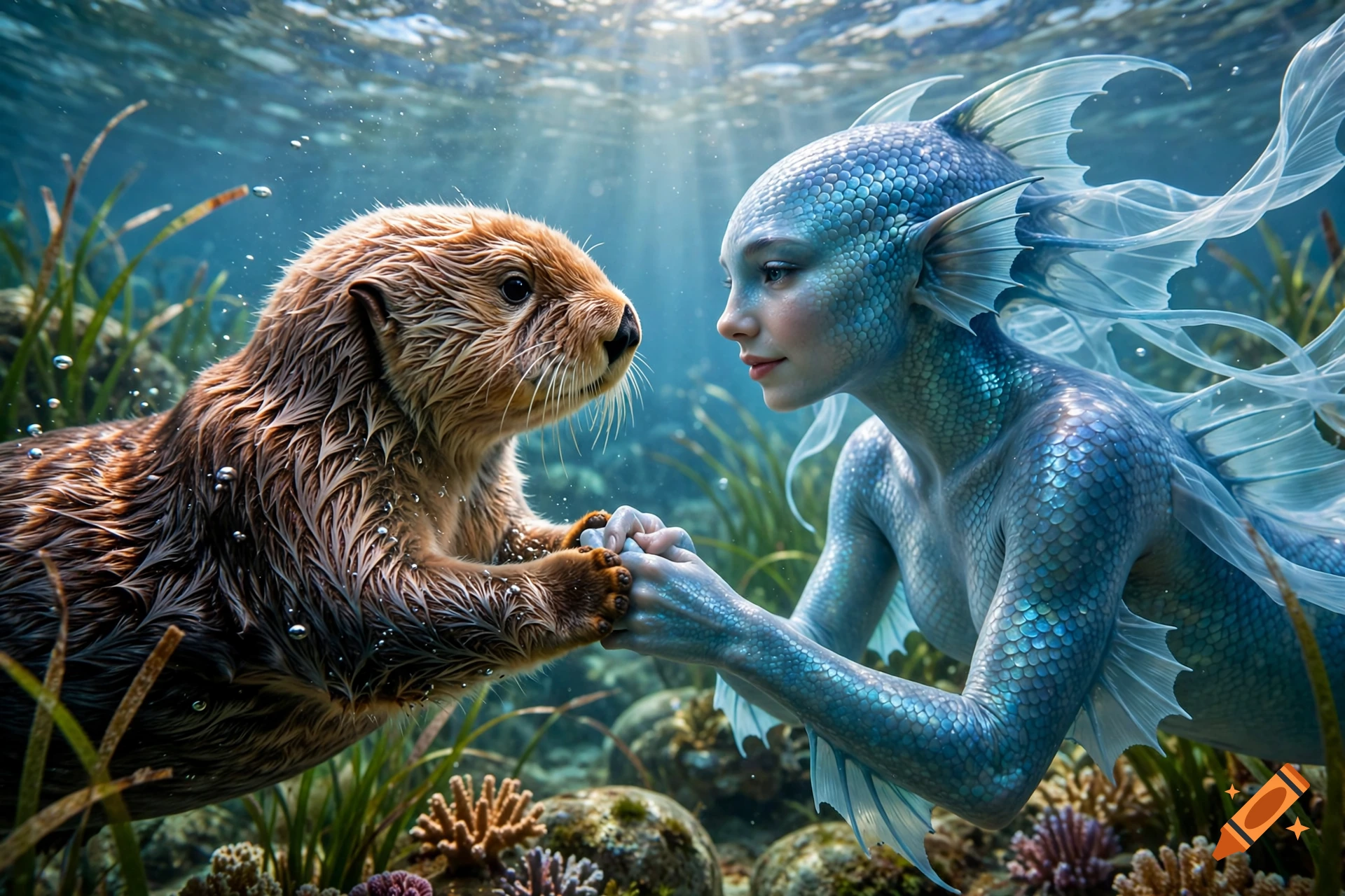 Photorealistic underwater scene of a cute otter holding hands with a blue mermaid with fin-like ears.
