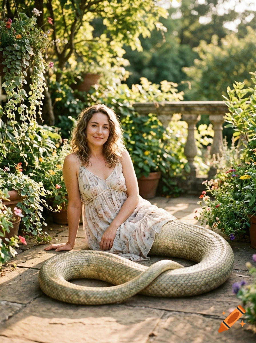 Photorealistic portrait of a woman with the lower body of a green scaly naga sitting in a sunny garden.
