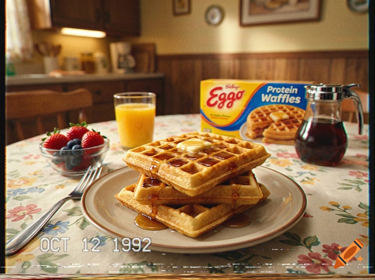 A stack of Eggo protein waffles with butter and syrup on a plate, with orange juice, a box of waffles, and a VHS timestamp overlay.