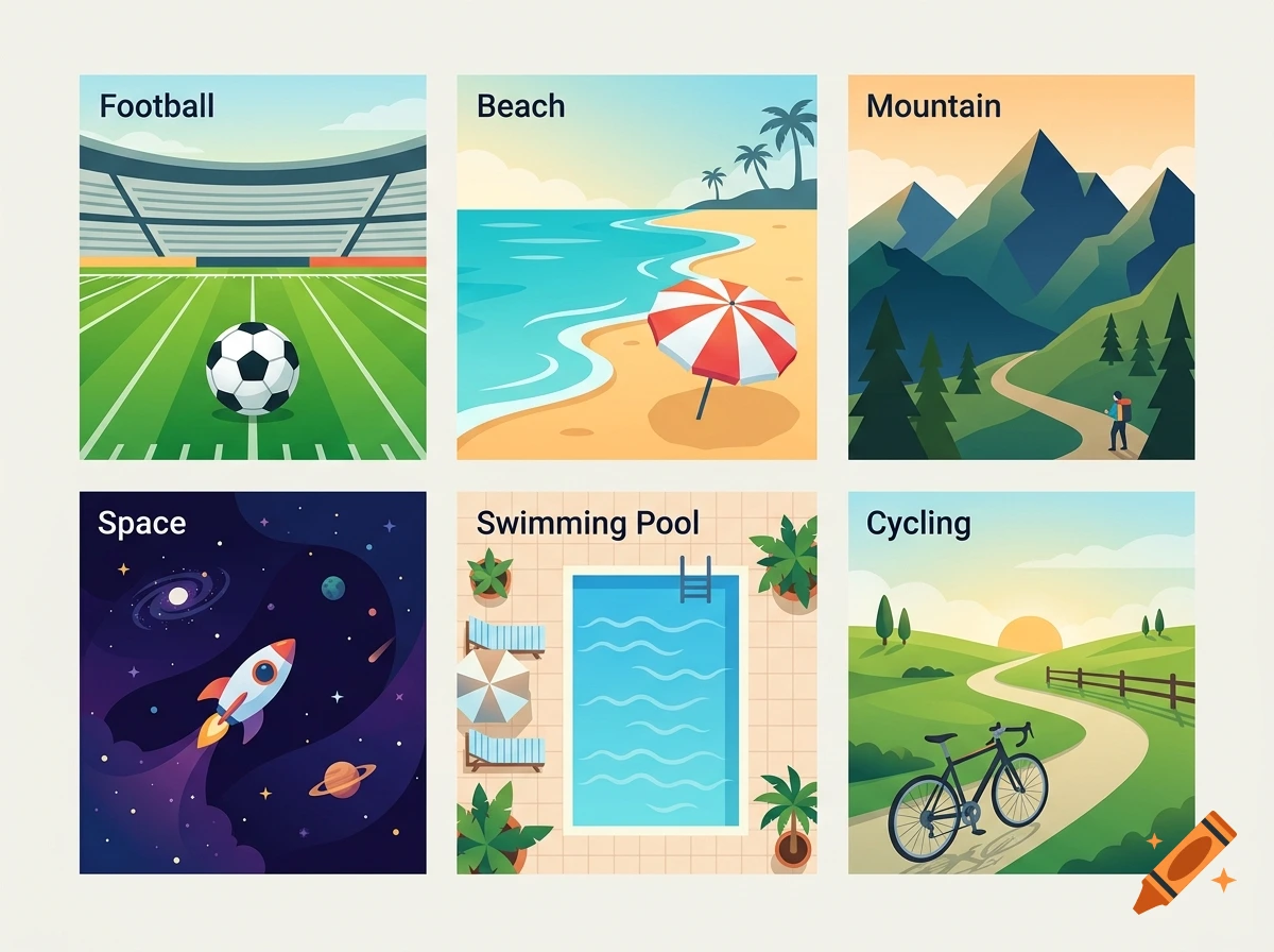 A 2x3 grid of illustrated vacation destinations including football, beach, mountain, space, swimming pool, and cycling scenes.