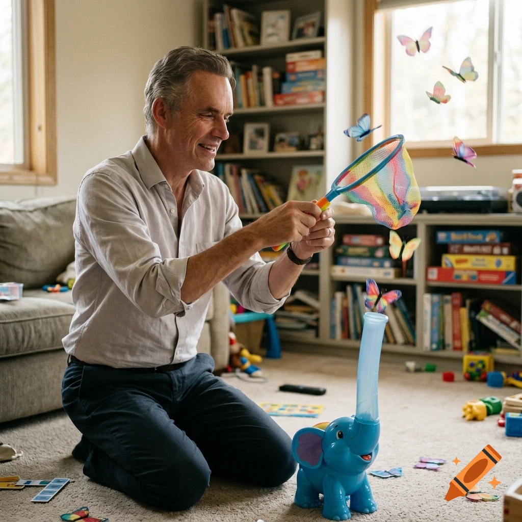 Jordan Peterson kneeling in a living room, playing with an Elefun butterfly catcher toy.
