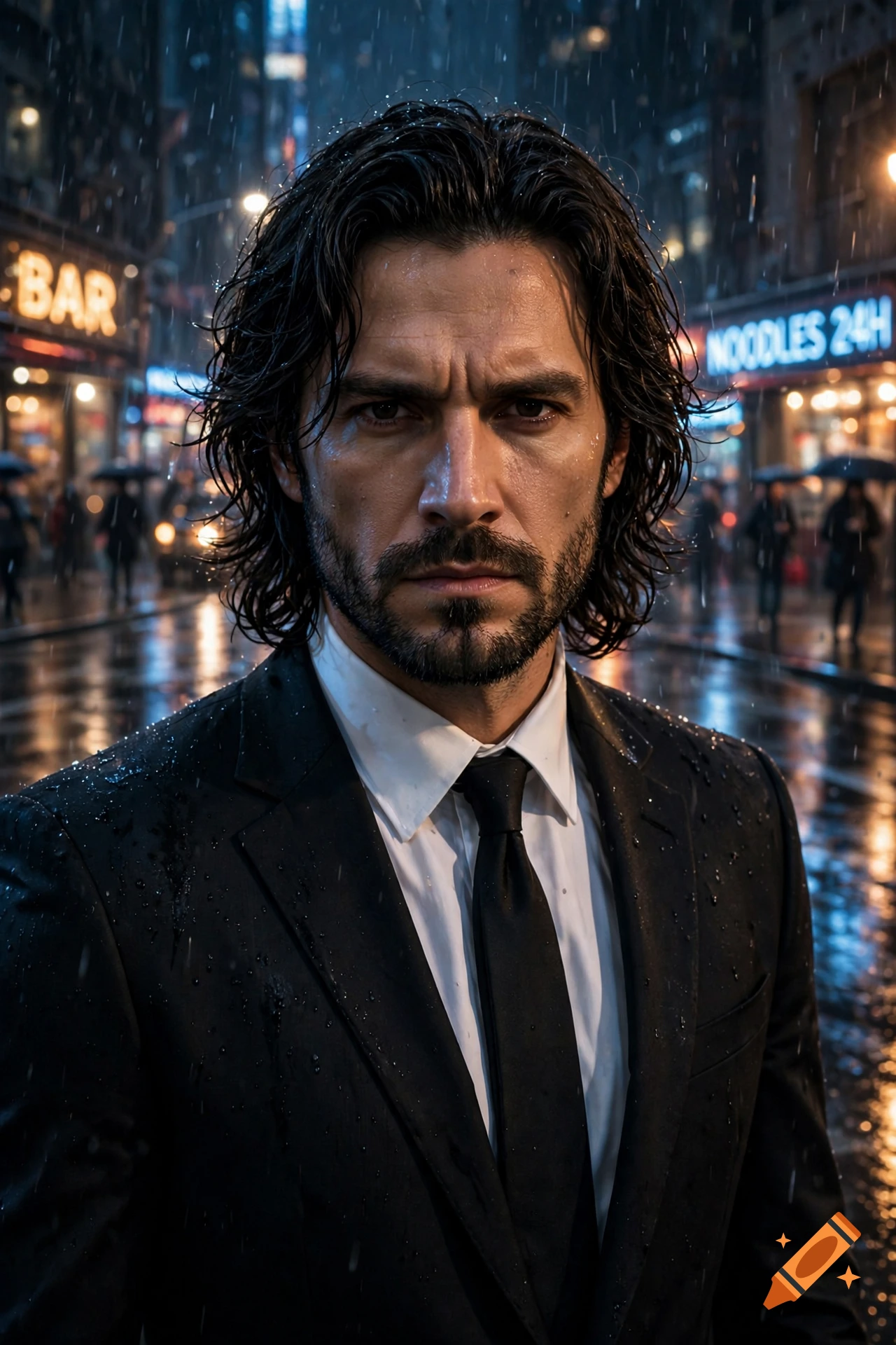 Photorealistic medium shot of a man resembling John Wick with dark wet hair, wearing a black suit and tie in a rainy city street at night.