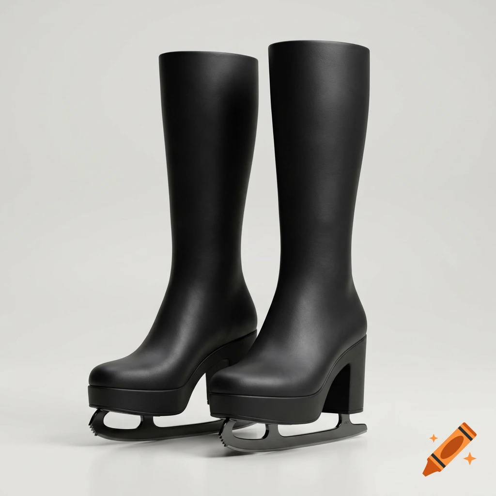 A pair of matte black knee-high platform boots with attached ice skate blades, on a neutral gray background.