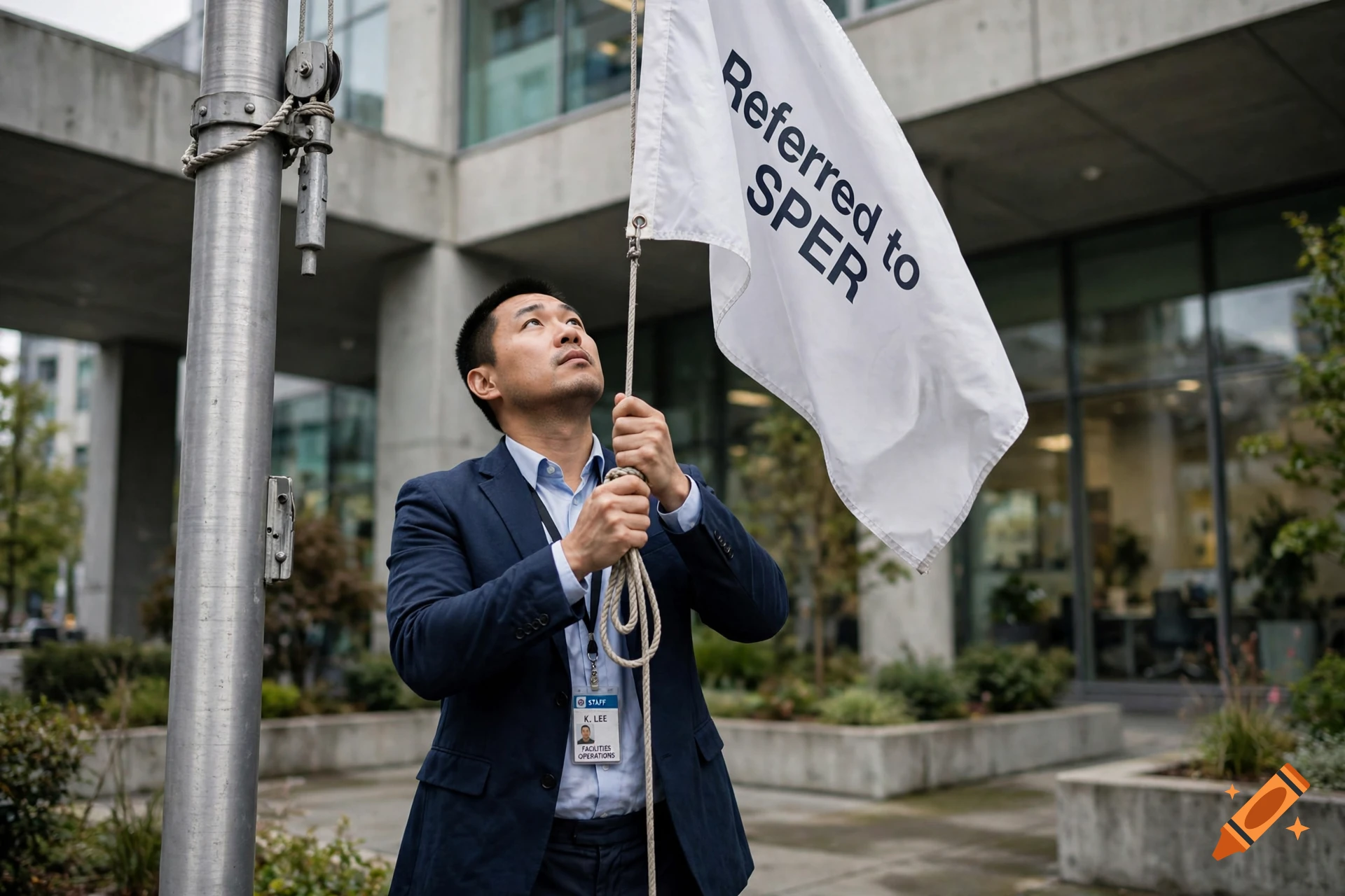 Photorealistic image of an office worker in a suit holding a white flag that says 'Referred to SPER' in front of a modern building.