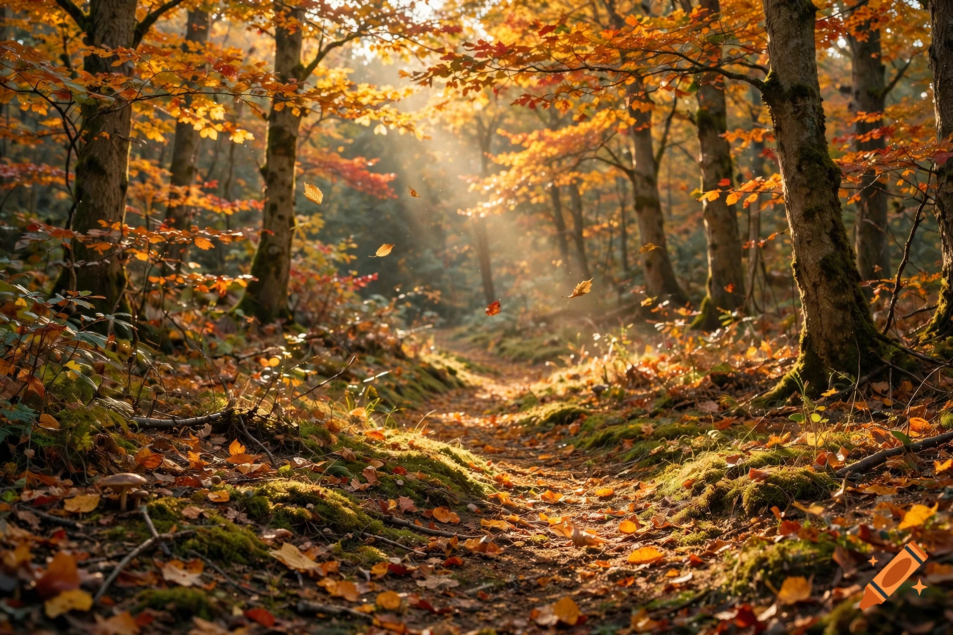 Photorealistic autumn forest with a narrow mossy path, warm sunlight filtering through golden and red trees, falling leaves.