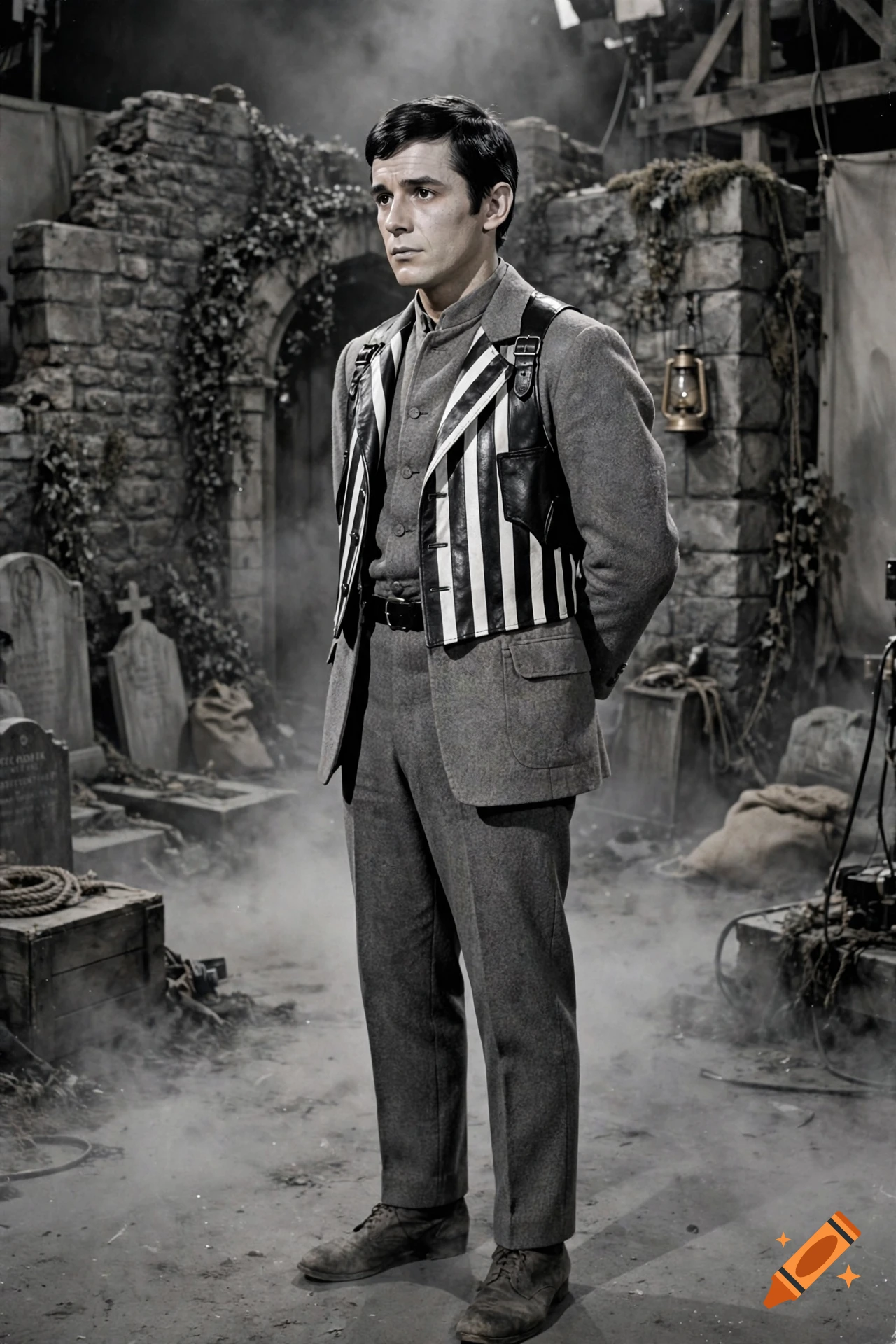 A 1960s television promotional photograph of a young man in a grey suit and striped vest standing on a graveyard set.