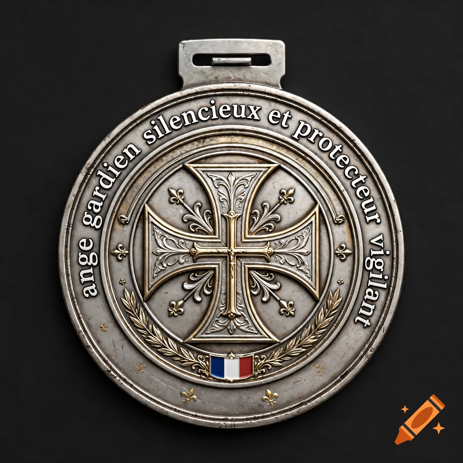 A metallic round medal featuring a cross, French flag, and the text 'ange gardien silencieux et protecteur vigilant'.