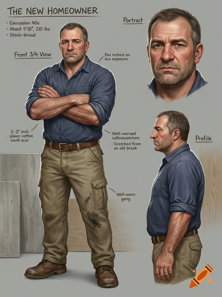 Character sheet of a middle-aged stocky Caucasian man in a blue shirt and khaki pants, showing front, profile, and portrait views.
