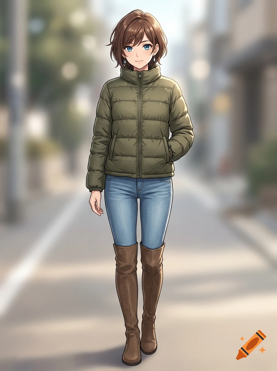 An anime-style illustration of a young woman with short brown hair, wearing a green puffer jacket, blue jeans, and tall brown boots, standing on an outdoor street.