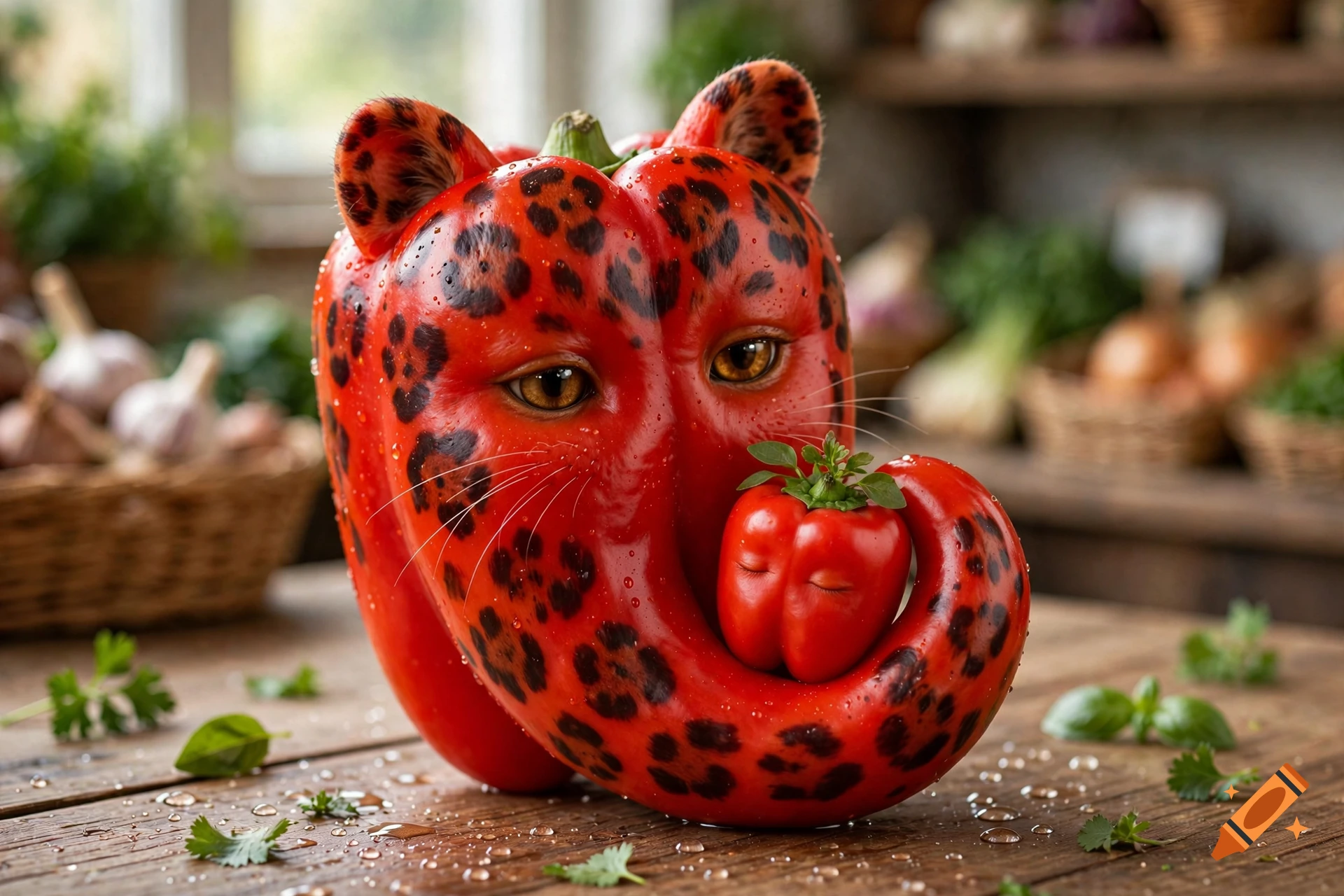 Photorealistic red bell pepper shaped like a leopard holding a smaller baby bell pepper in a rustic kitchen setting.
