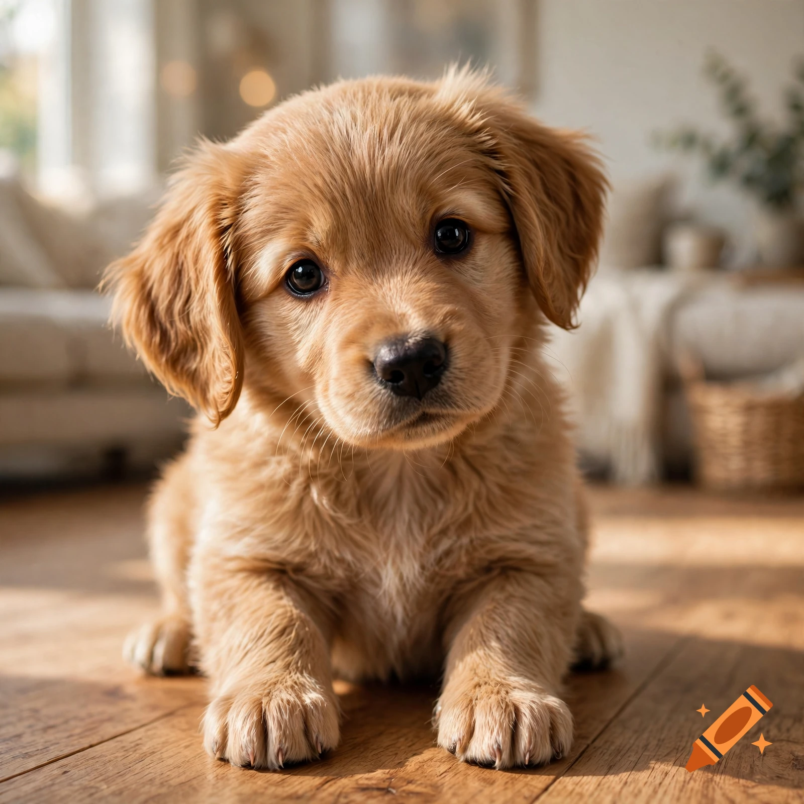 Close-up photorealistic shot of an adorable golden retriever puppy sitting on a wooden floor in a bright, cozy living room.