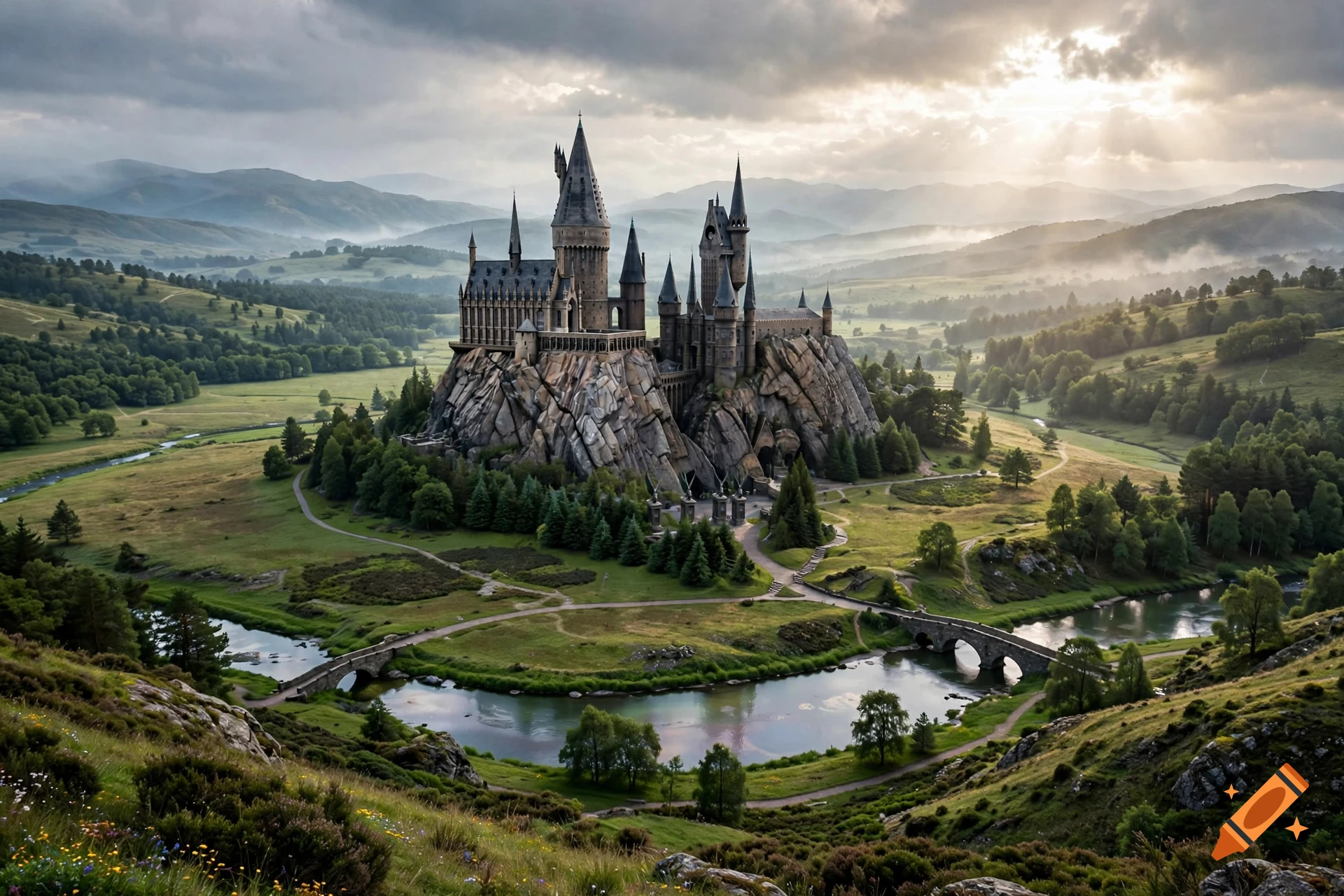 Photorealistic landscape of a large fantasy castle on a rocky hill surrounded by rolling green hills, rivers, and mountains under a cloudy sky.