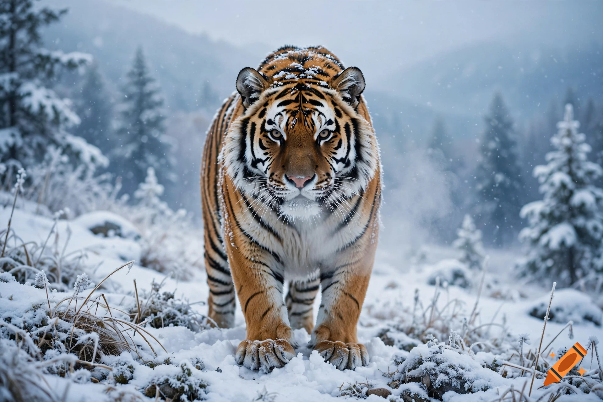 Photorealistic tiger standing in a snowy forest during winter.