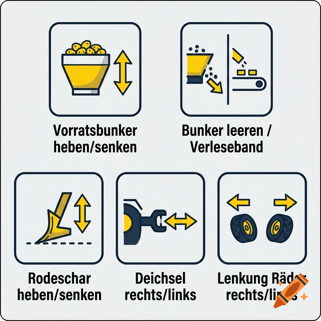 Five technical pictograms with German labels for potato harvester controls on a light background.