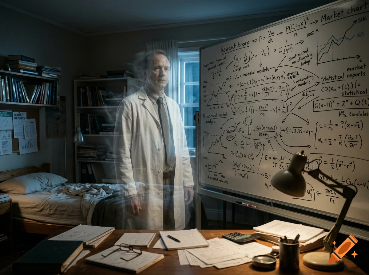Photorealistic scene of a transparent ghost scientist in a room with a large whiteboard covered in equations and market charts.