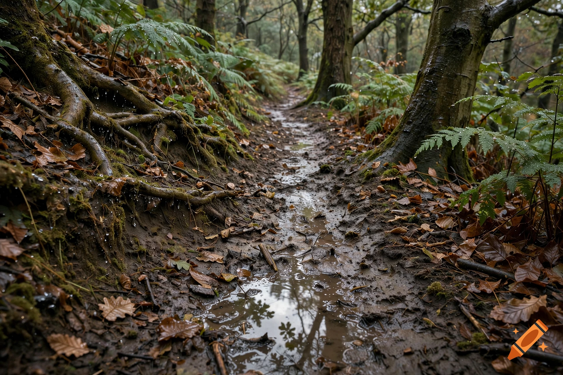 A muddy path winding through a dense forest with exposed tree roots and ferns under an overcast sky.