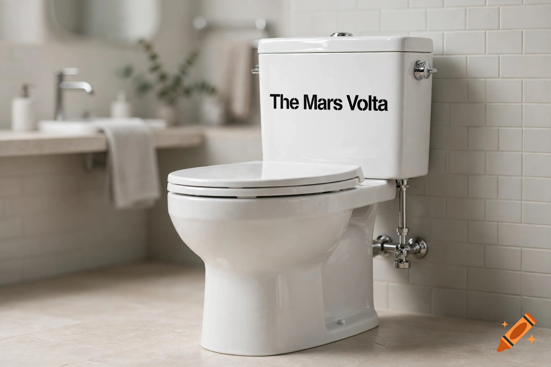 Photorealistic white toilet in a modern bathroom with the text 'The Mars Volta' written on the tank.