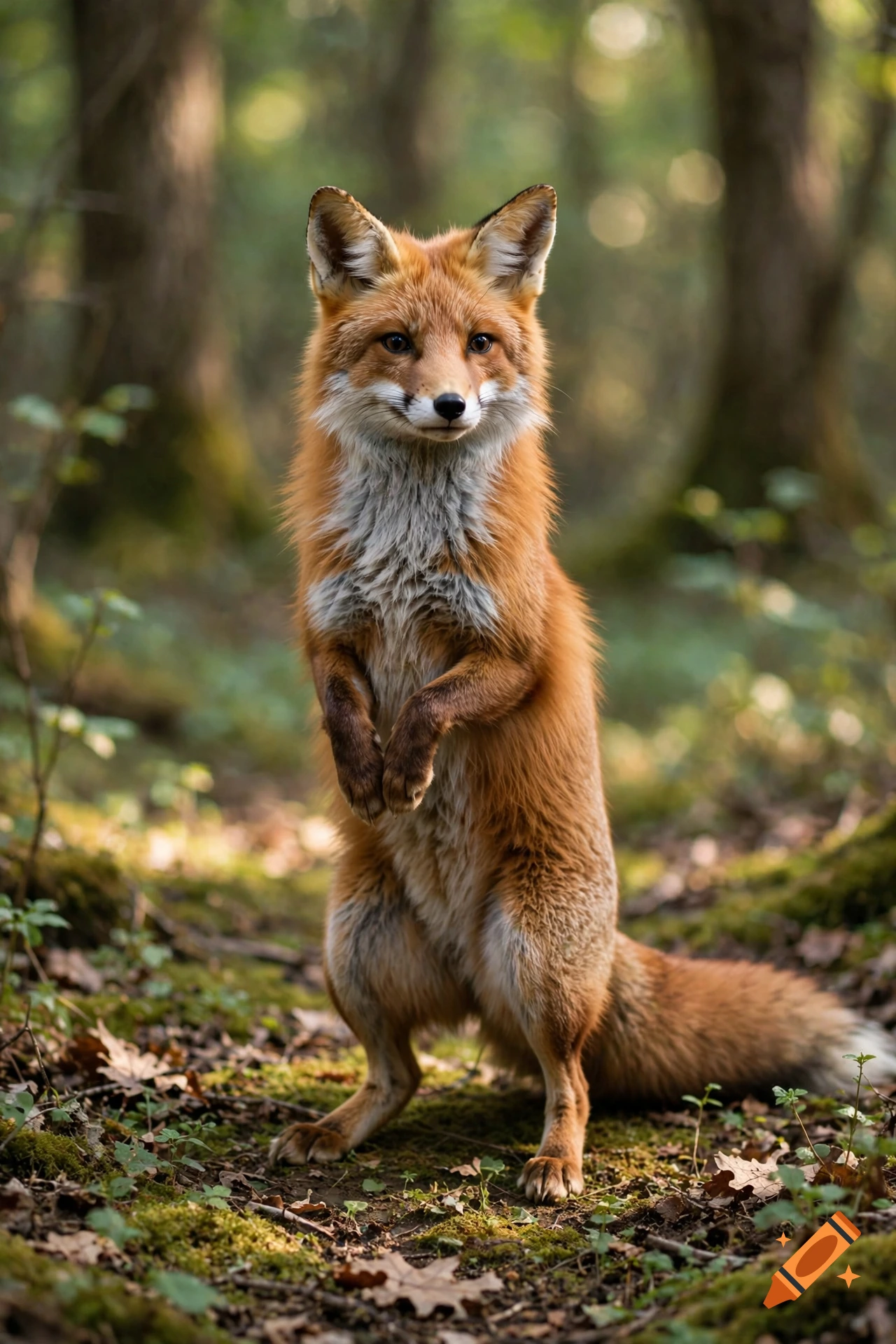 Photorealistic image of a red fox standing upright on its hind legs in a forest.