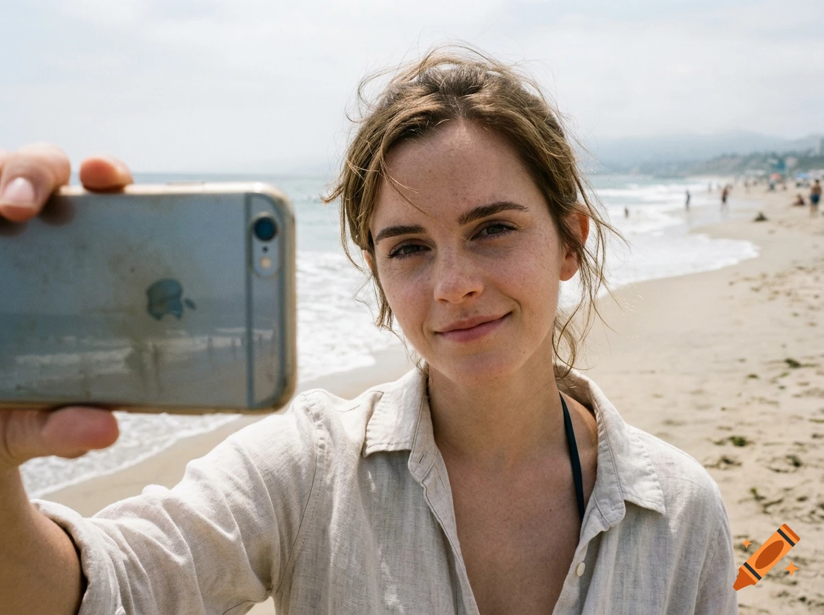 Photorealistic selfie of Emma Watson holding an iPhone on a sunny beach.
