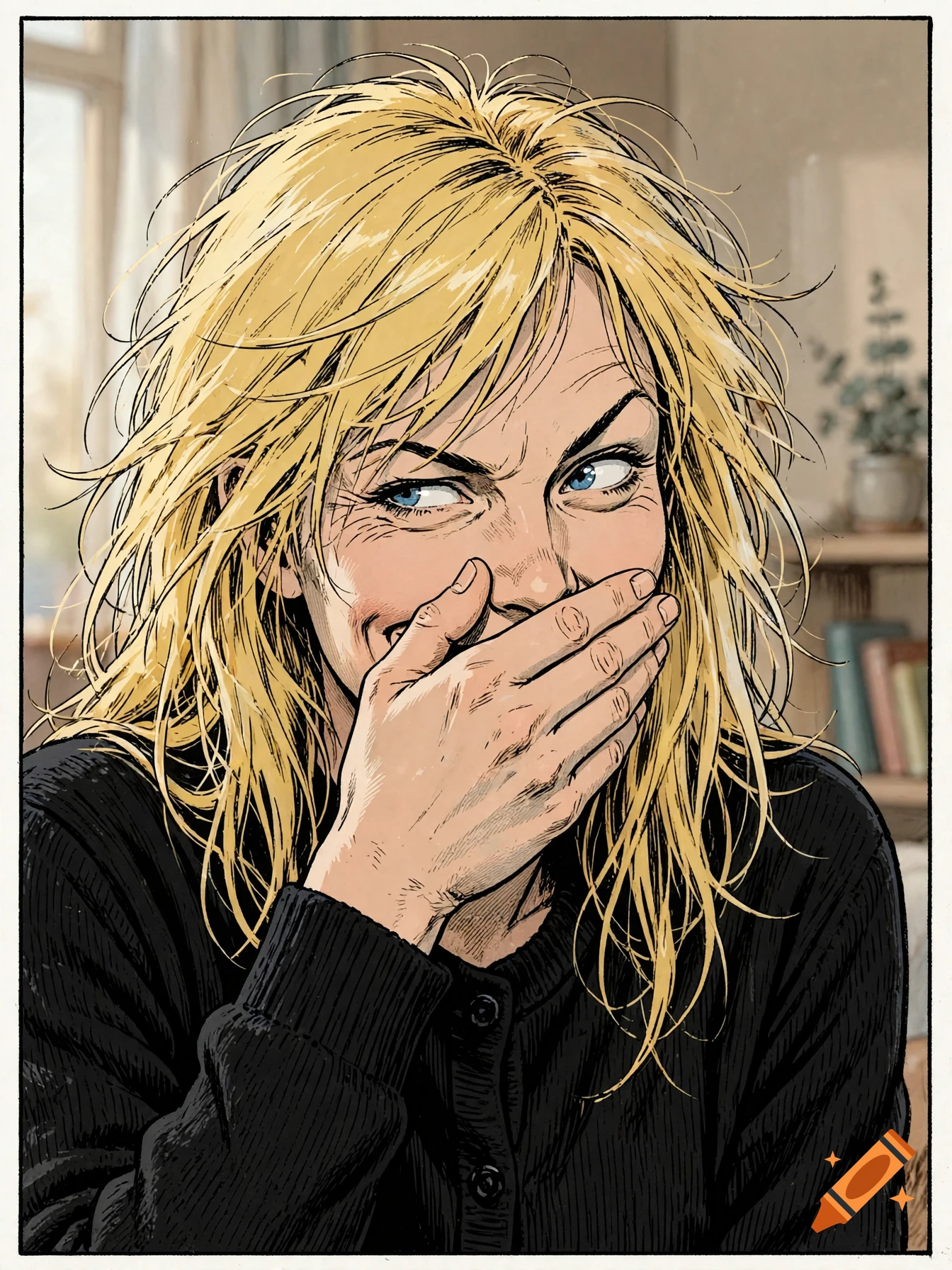 Close-up comic book portrait of a blonde woman with blue eyes smiling behind her hand, Franco-Belgian art style.