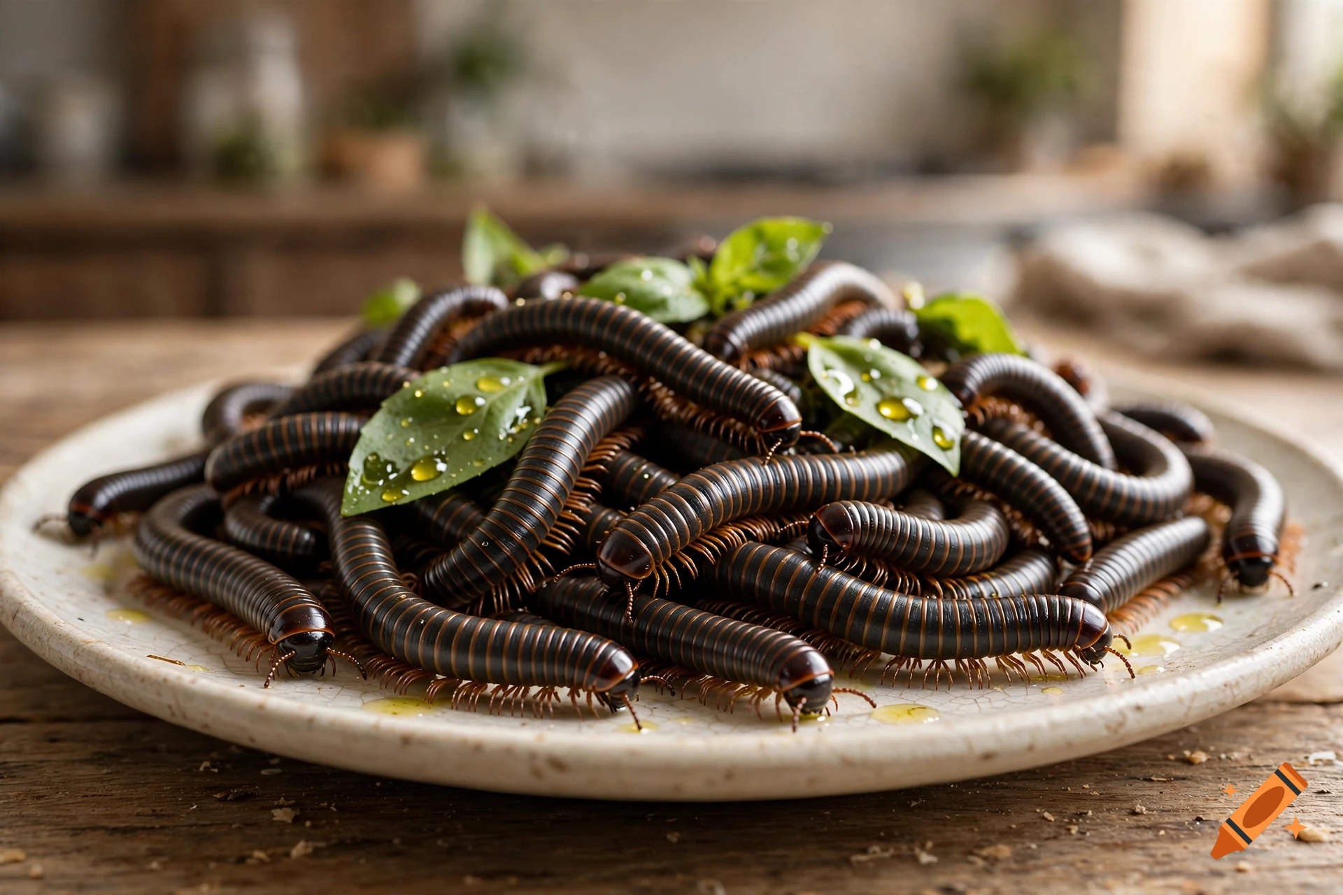 Photorealistic image of a plate filled with live millipedes instead of spaghetti, garnished with basil leaves and olive oil.