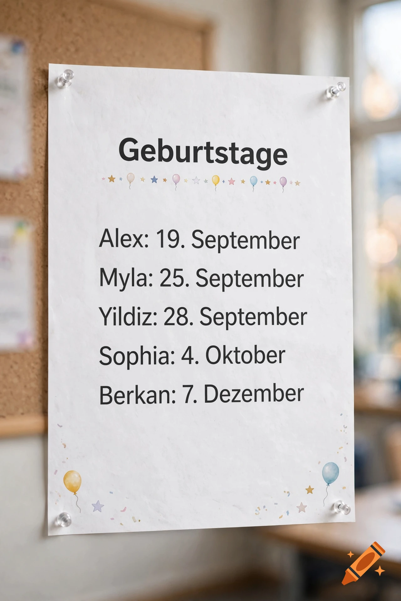 A birthday list poster pinned to a corkboard, listing names and dates in German.