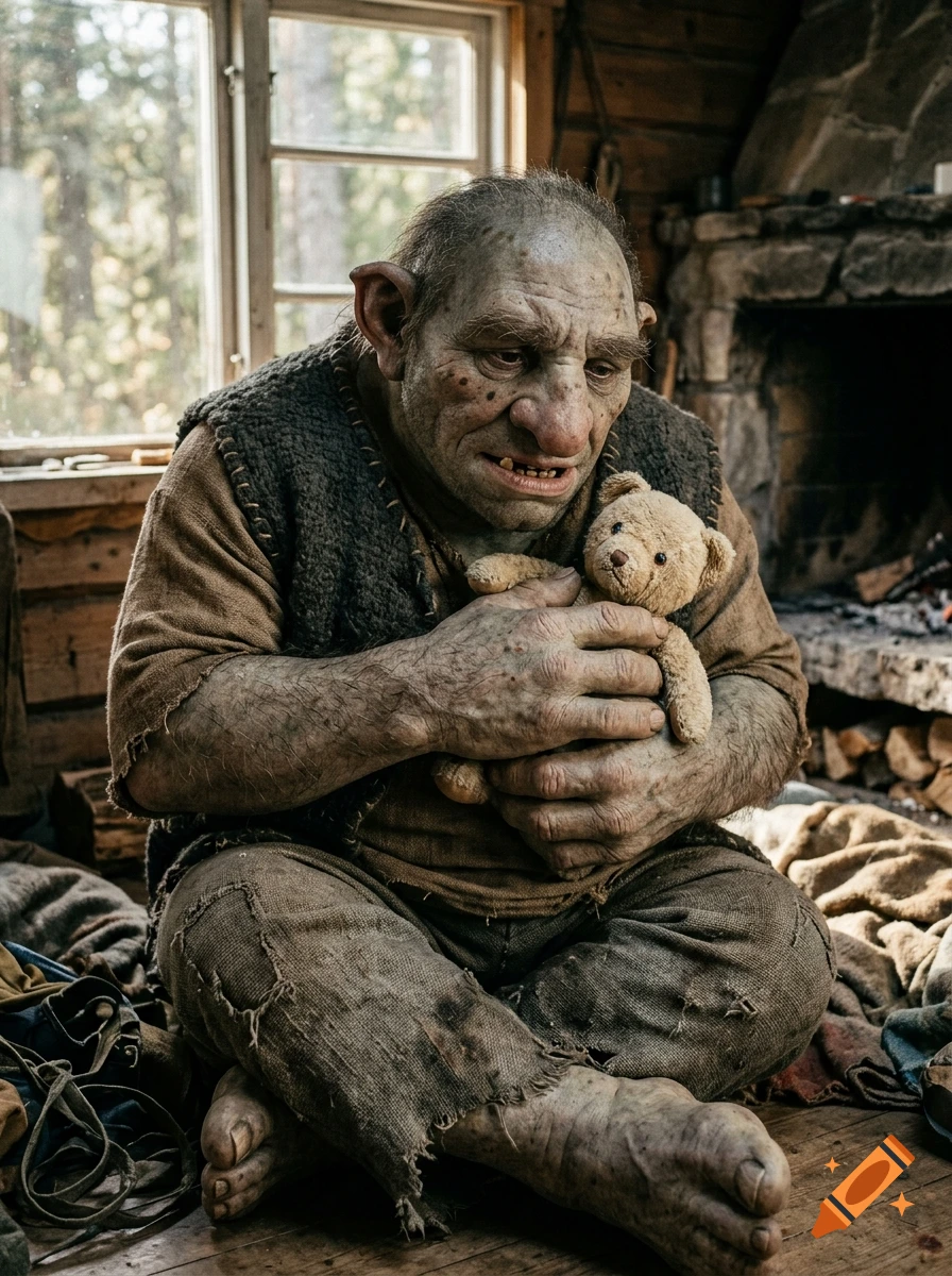 A sad-looking giant troll sitting on a wooden floor inside a rustic cabin, tenderly holding a small teddy bear in its large hands.