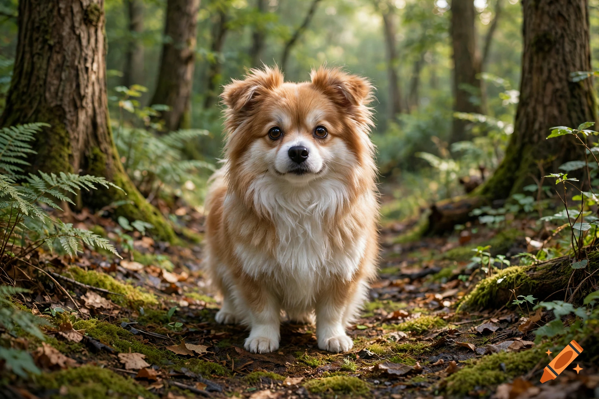 Photorealistic image of a fluffy brown and white dog standing on a mossy path in a sunny forest.