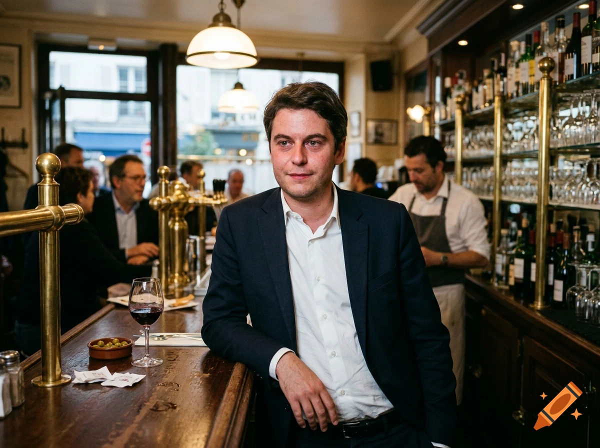 Photorealistic medium shot of a politician leaning on a wooden bar in a traditional French bistro, surrounded by patrons and bottles.