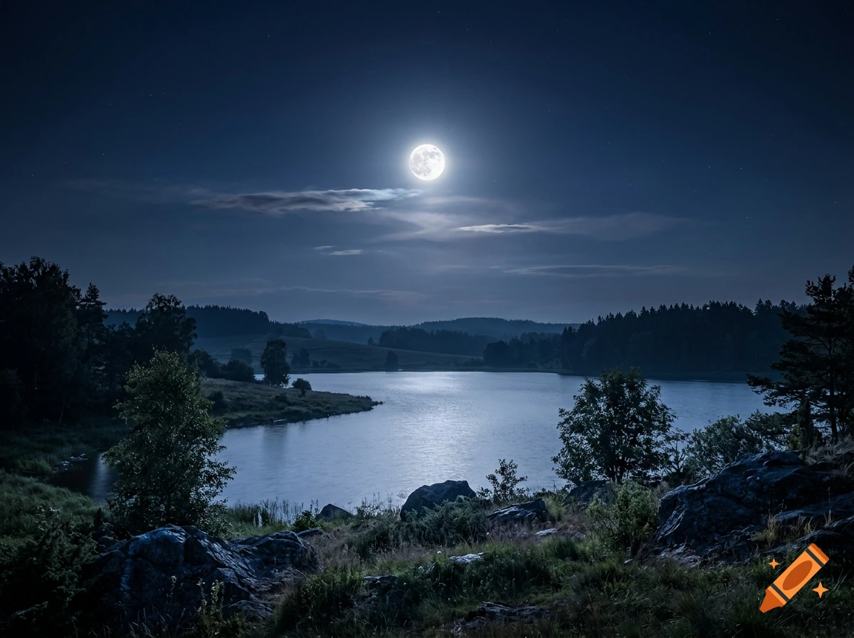 A full moon glows in the night sky over a calm lake, casting a silvery reflection on the water with trees and rocky terrain along the shore.