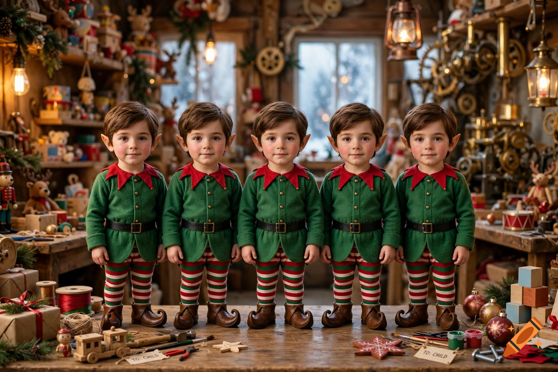 Photorealistic image of five identical elf children standing in Santa's workshop among toys and tools.