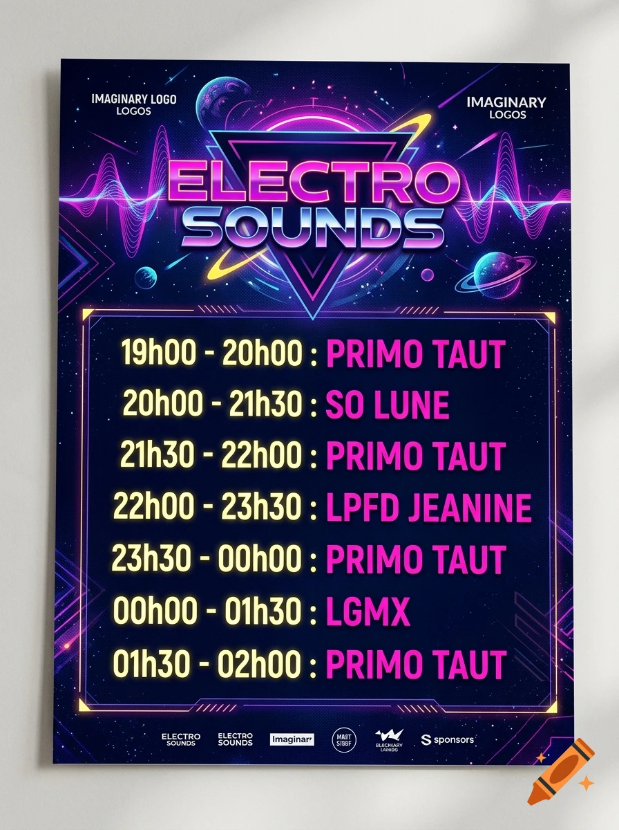 Electro sounds music event poster with a line-up schedule, retro synthwave style, and cosmic background.
