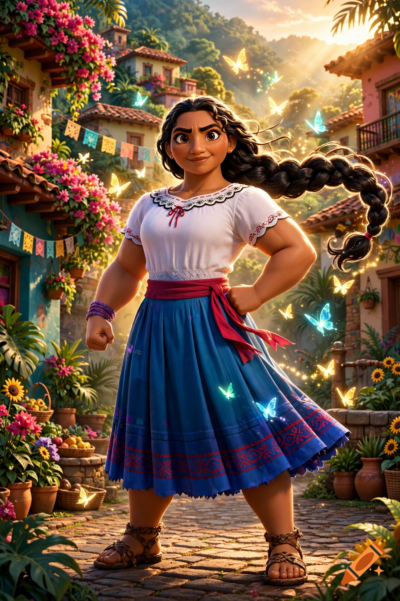 An illustrated portrait of Luisa Madrigal from Encanto standing heroically on a cobblestone street surrounded by glowing butterflies and flowers in a vibrant Colombian village.