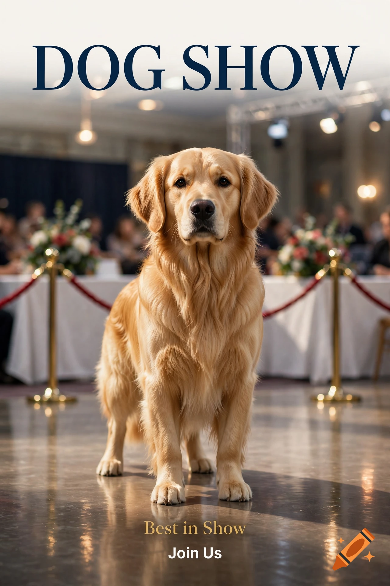 A Golden Retriever stands proudly on a polished floor at a dog show, with bold text reading 'DOG SHOW' at the top.